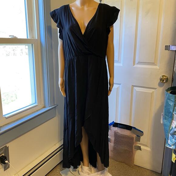 Grecerelle Women XL Black V Neck Wrap Dress Hi Low Ruffle Coastal Elastic Waist - Picture 9 of 10